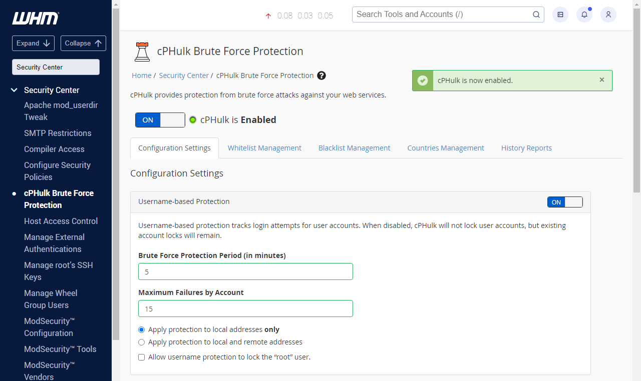 WHM Search Security Center Enable cPHulk