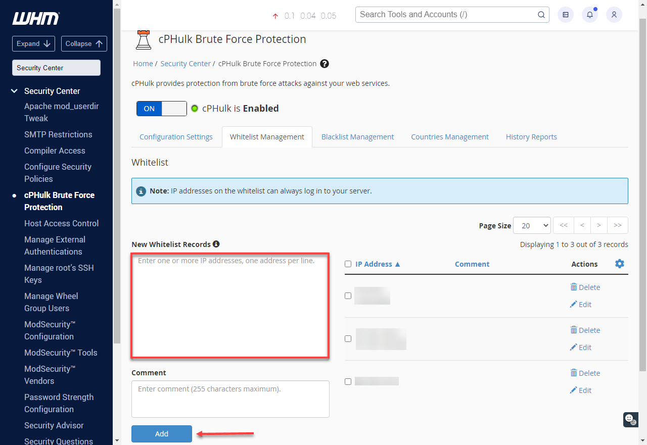 WHM Whitelist Management add IP