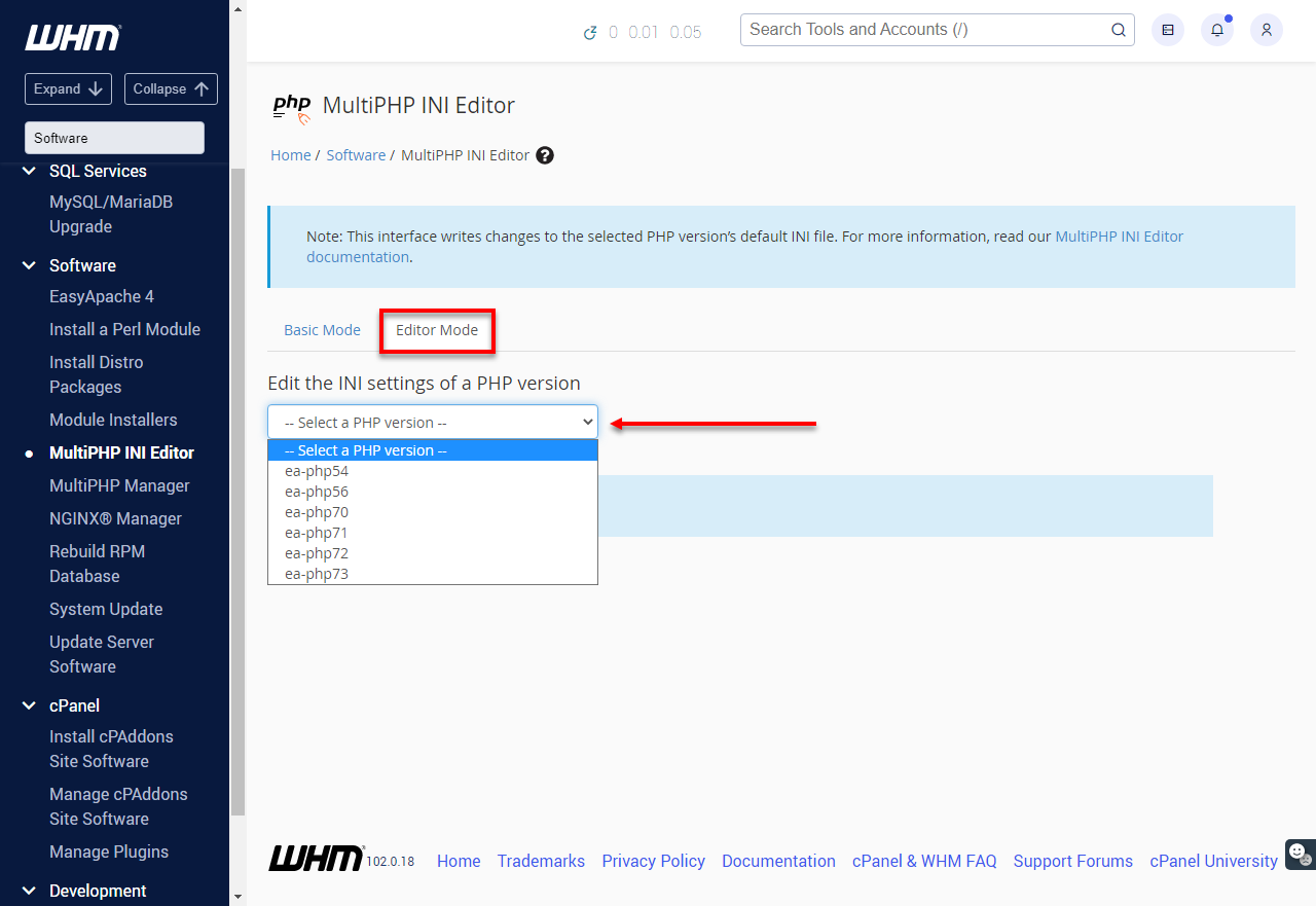WHM -MultiPHP INI Editor