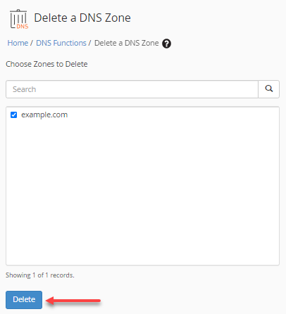 WHM - select zone to delete