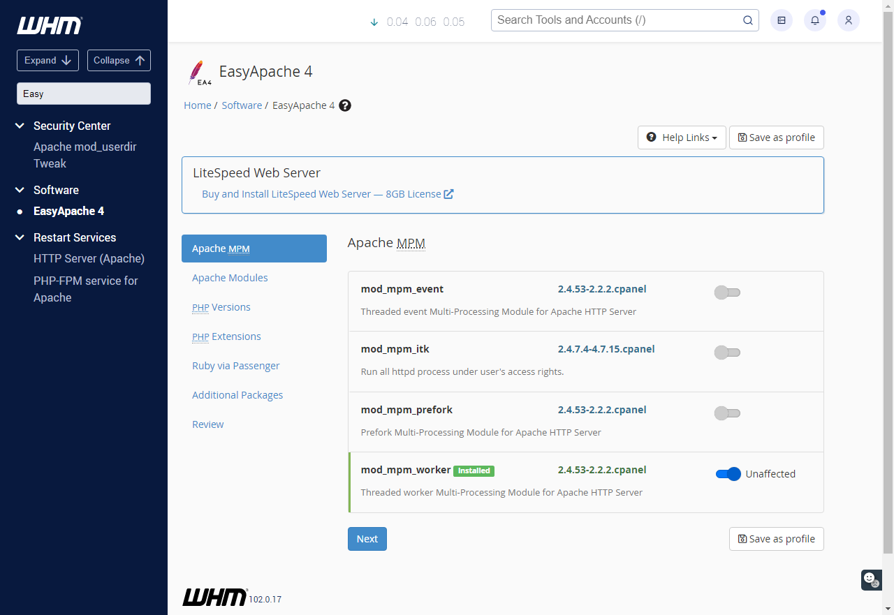 WHM EasyApache4 Profile