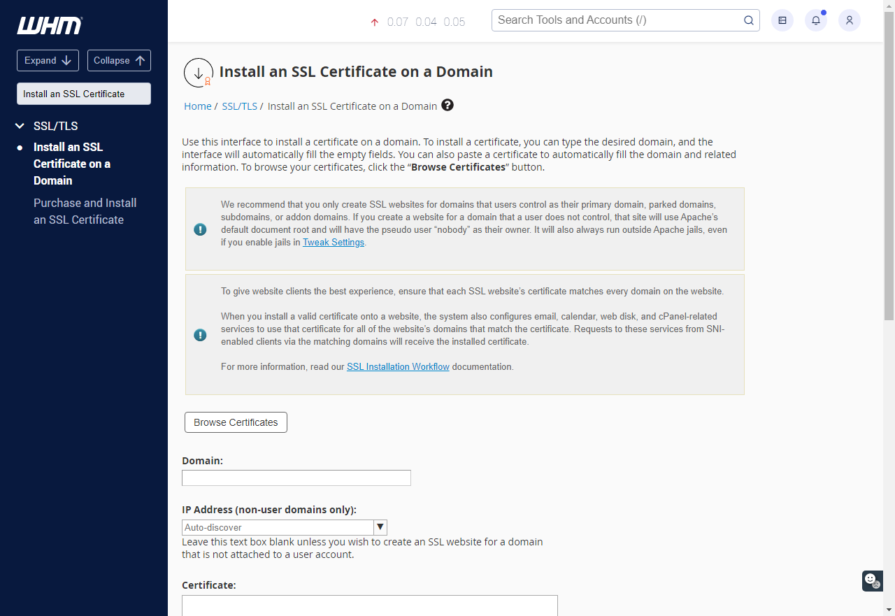 In WHM Install an SSL Certificate on a Domain page