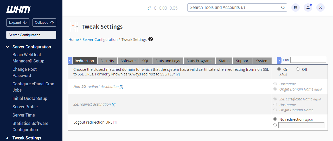 WHM Tweak Settings Redirection tab