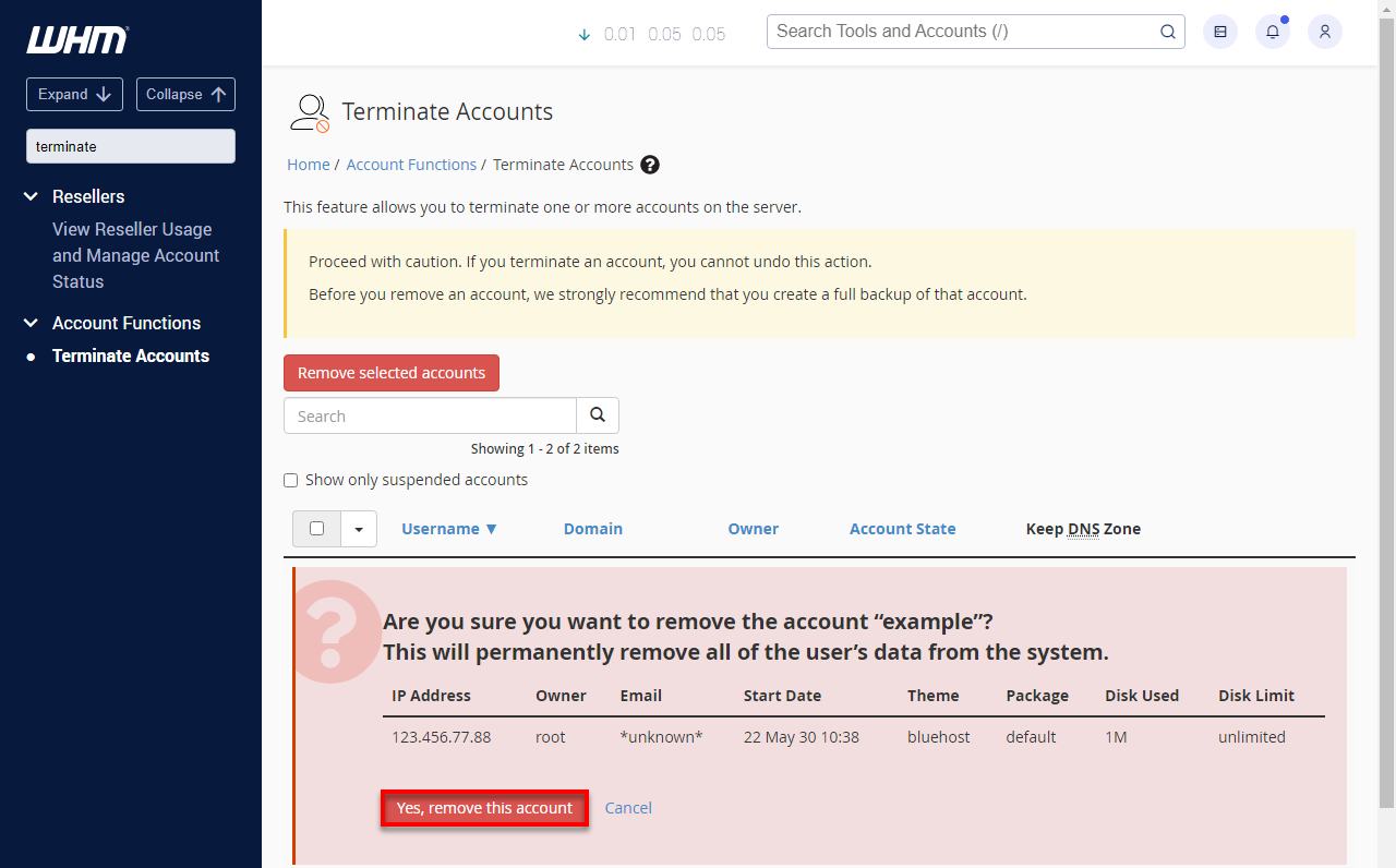 WHM remove this account