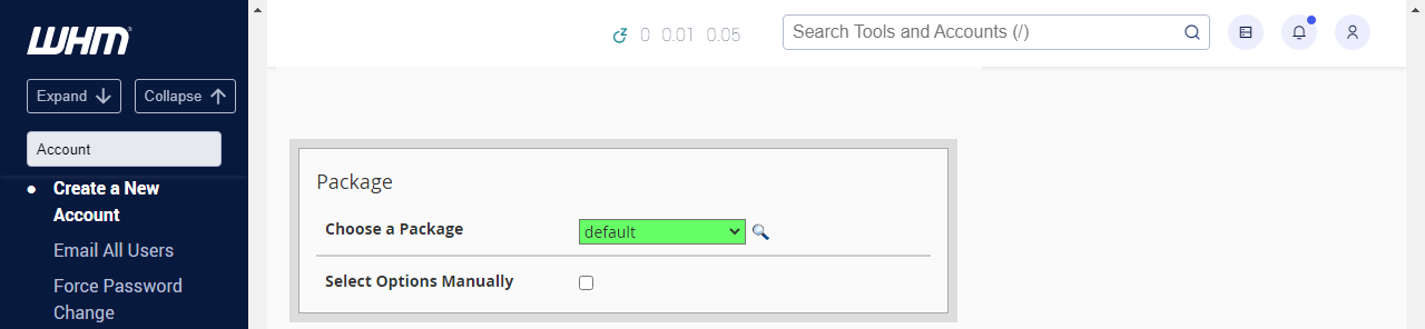 WHM Create a New Account Package