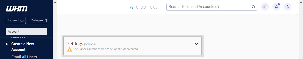 WHM Create a New Account Settings