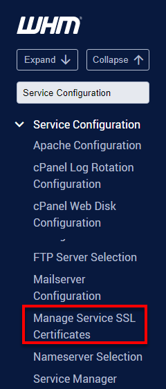 WHM Manage Service SSL Certificates