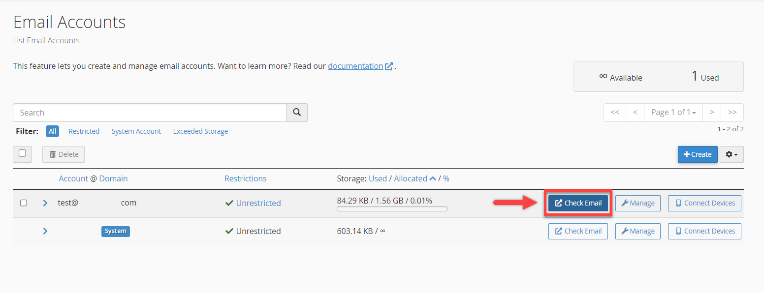 Click Check Email to access your webmail