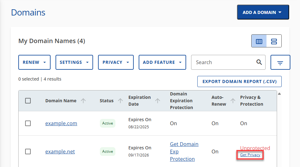 Bluehost Domains Tab - My Domain Names Get Privacy Link