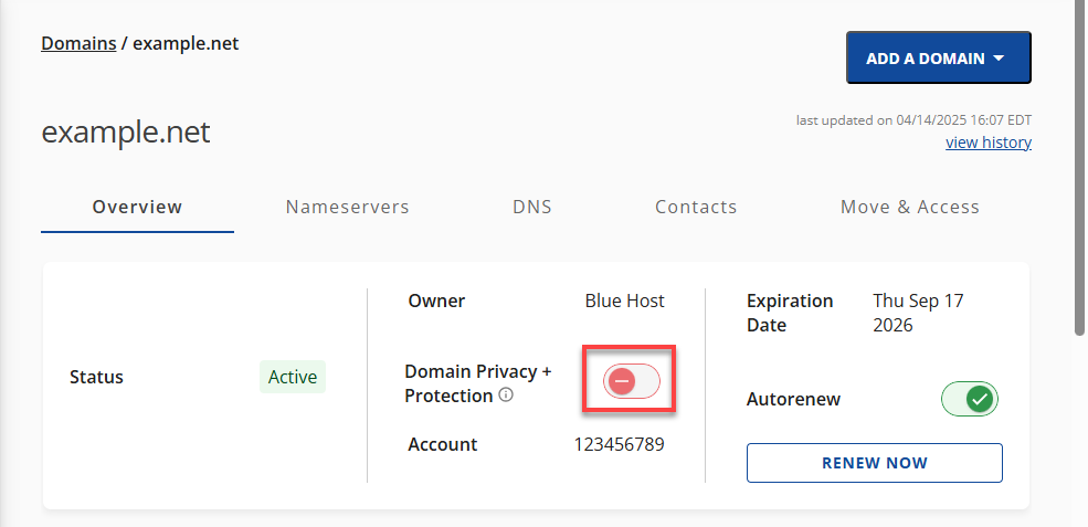 Bluehost Domains Tab - Overview Domain Privacy Toggle Switch