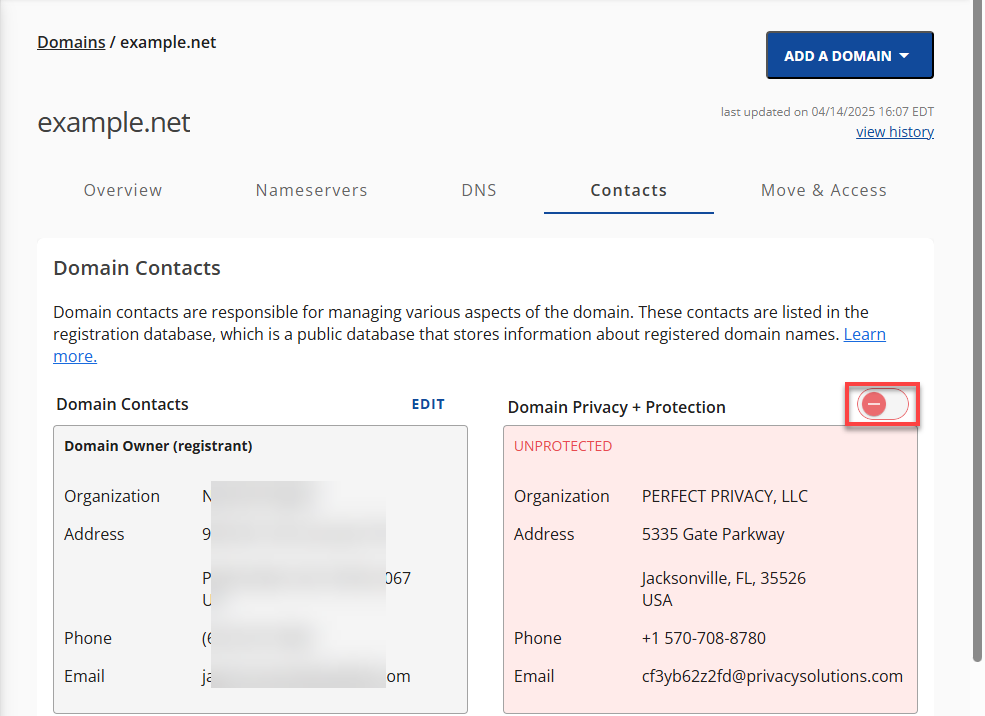 Bluehost Domains Tab - Contacts Domain Privacy Toggle Switch
