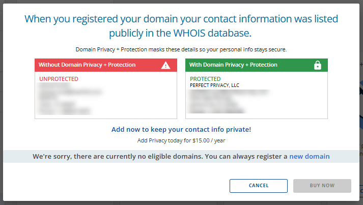 Domain Privacy Protection - No eligible domain