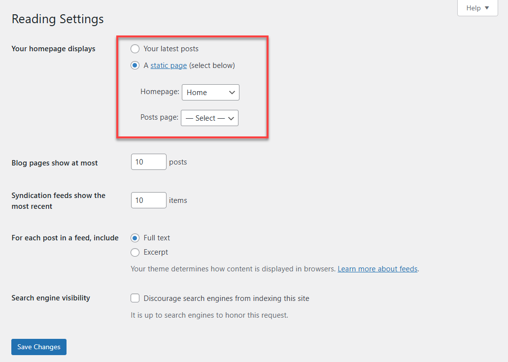 Bluehost WP Dashboard Settings Reading