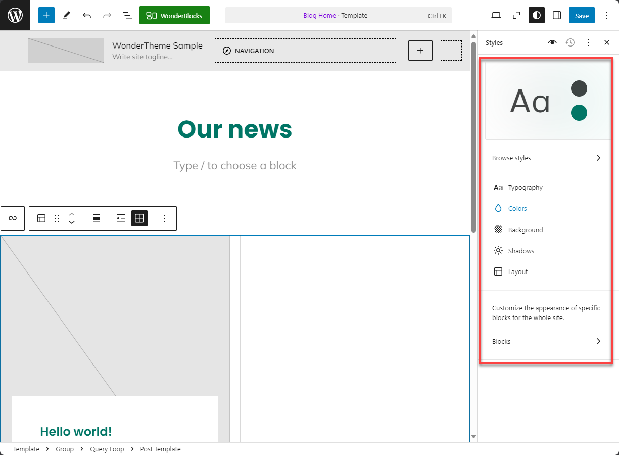 Bluehost WP Dashboard Appearance Editor Elements - Edit Styles