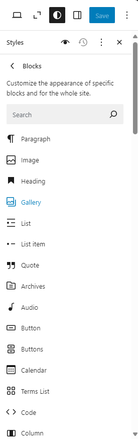 Bluehost WP Dashboard Appearance Editor Elements - Edit Styles Blocks