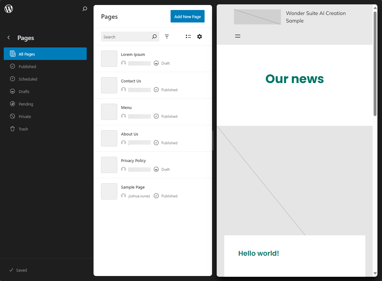 Bluehost WP Dashboard Appearance Editor Elements - Pages