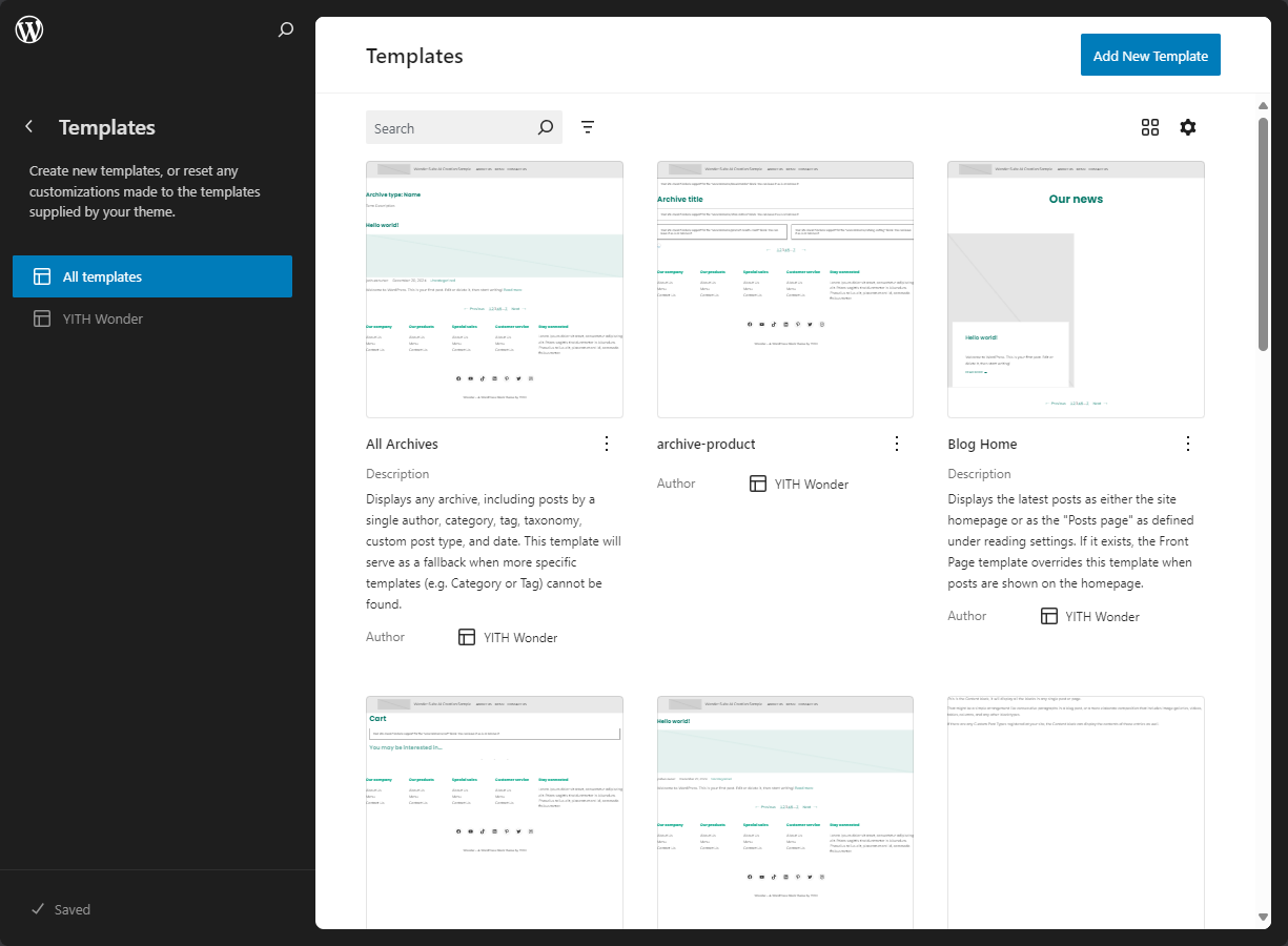 Bluehost WP Dashboard Appearance Editor Elements - Templates