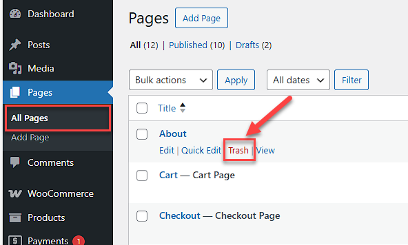 wordpress-remove-page