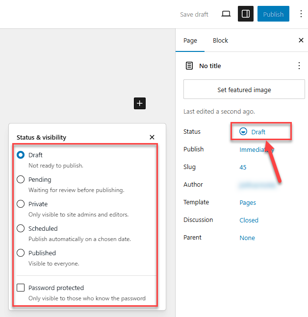 wordpress dashpage page status and visibility settings public password protected private