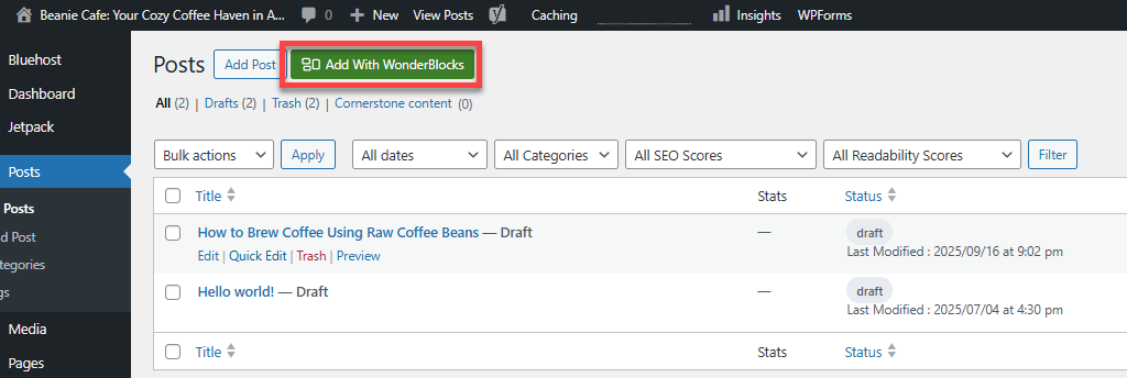 WordPress Dashboard - Posts - Add With WonderBlocks