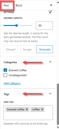 Create a New Post - WonderBlocks - Add categories and tags