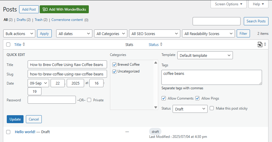 Edit a post - Quick Edit