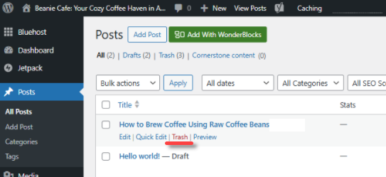 WordPress dashboard - Posts - Trash
