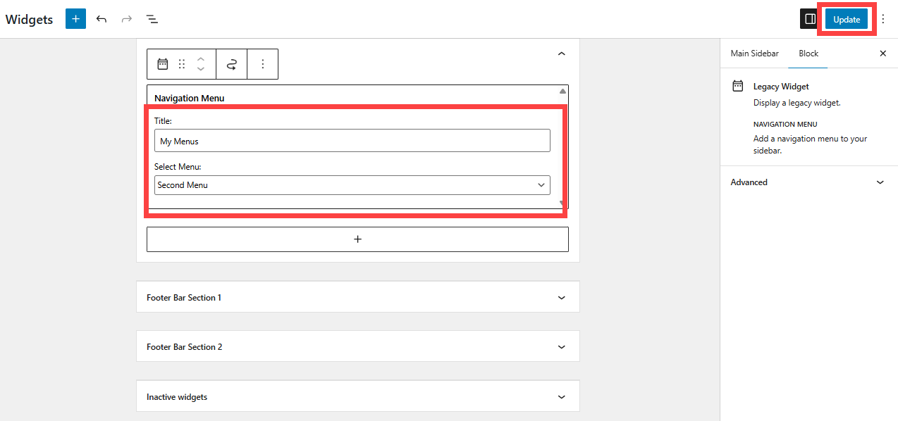 Create custom menus - Widget - enter name of menu