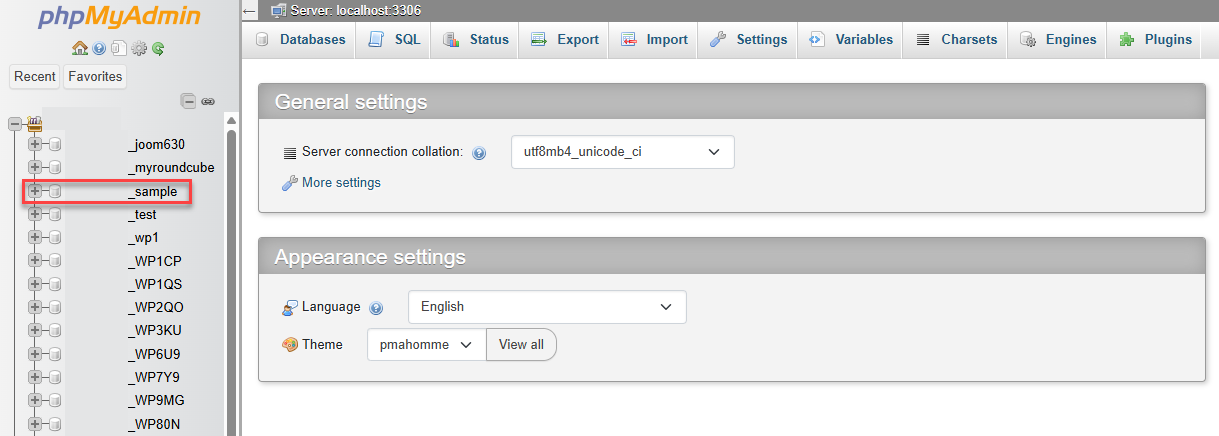 phpMyAdmin - Left Pane - Database Name
