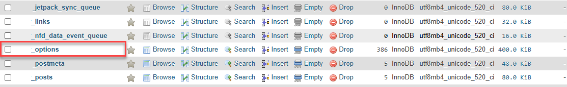 phpMyAdmin - Right Pane - options