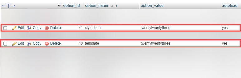 Delete Themes and Plugins - phpMyAdmin - Templates & Stylesheet rows