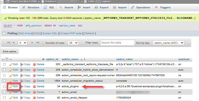 Delete Themes and Plugins - phpMyAdmin - Go to active_plugins