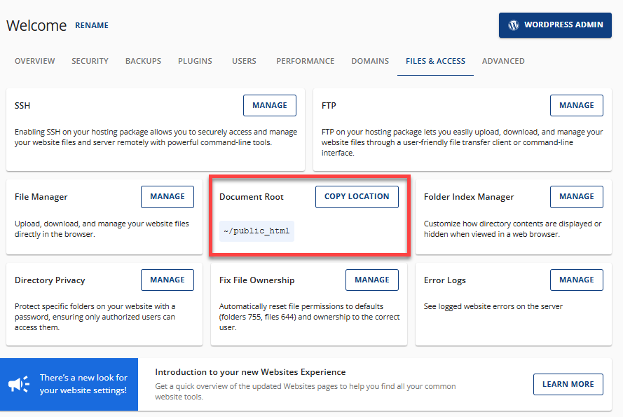 Files &amp; Access tab - Document root