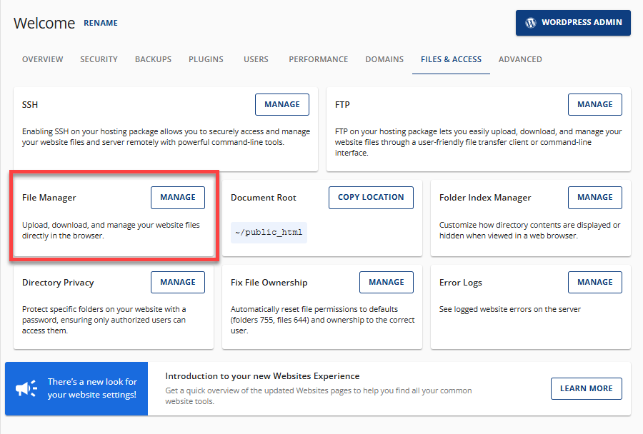 Files & Access tab - File Manager
