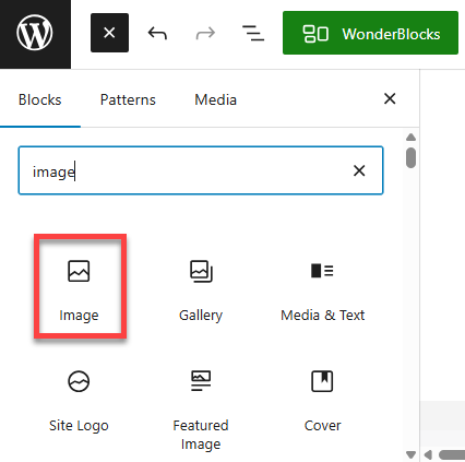 Upload and Add Images - Block Inserter - Image element