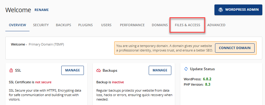 Account Manager - Files & Access tab