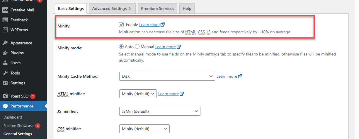 Bluehost WordPress W3 Total Cache Minify