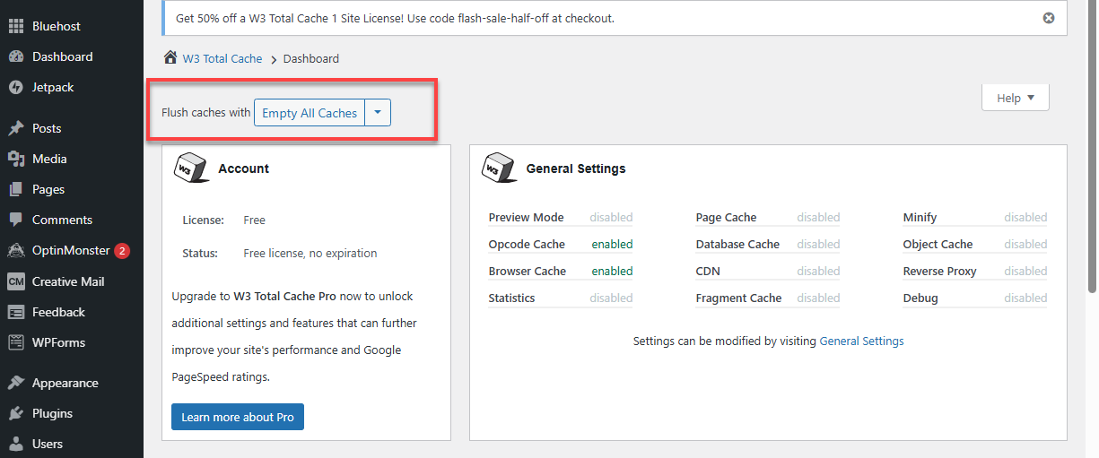 Bluehost WordPress W3 Total Empty All Cache