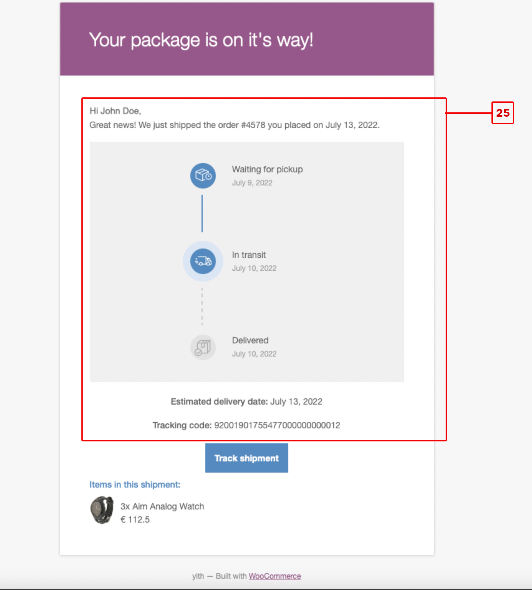 email with an update about the shipping
