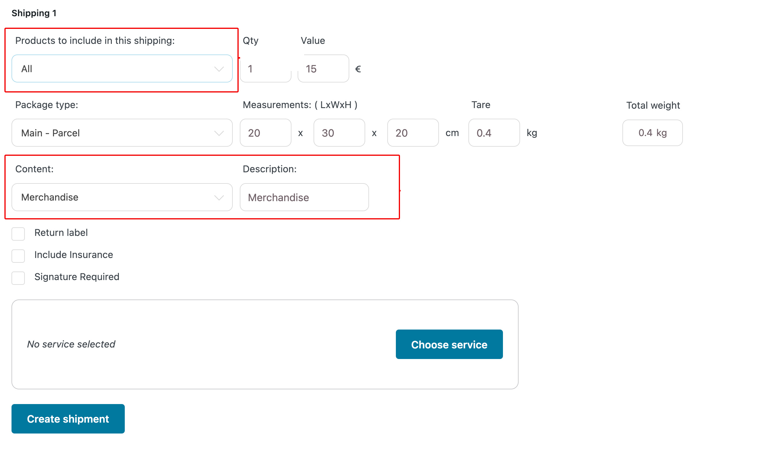 Products to include in this shipping - Content - Description