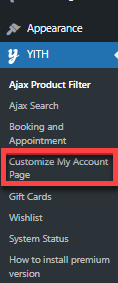 WordPress Dashboard - YITH - Customize My Account Page