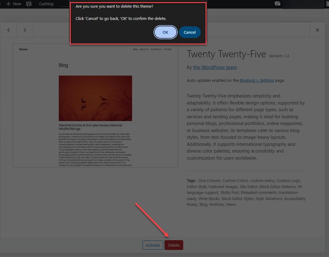 Wordpress - 外观 - 主题详细信息 - 删除
