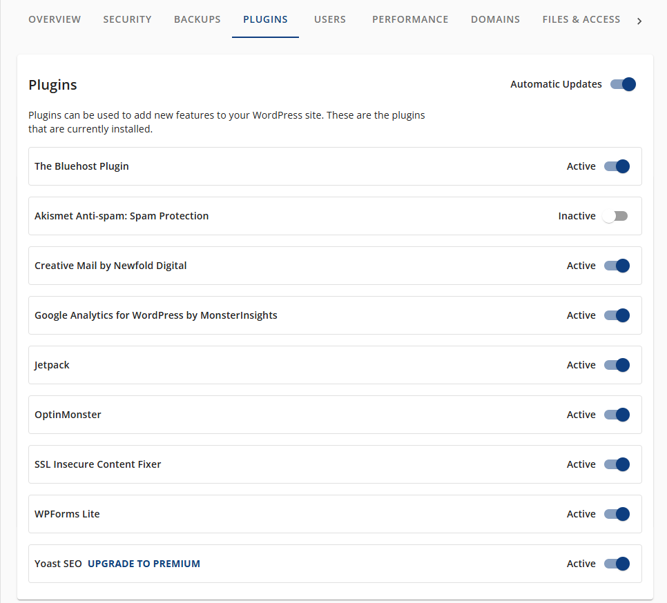 Bluehost Account Manager - Websites Tab Plugins