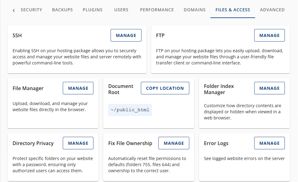 Bluehost Account Manager -Performance Tab Files and Access