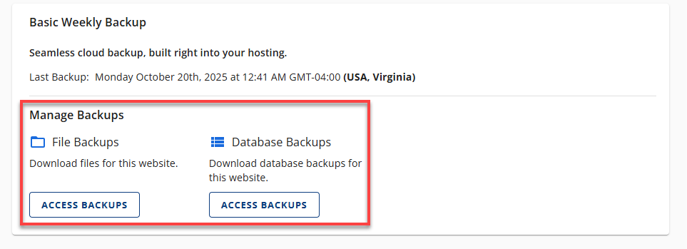 BH Websites Weekly Backups - Manage Backups