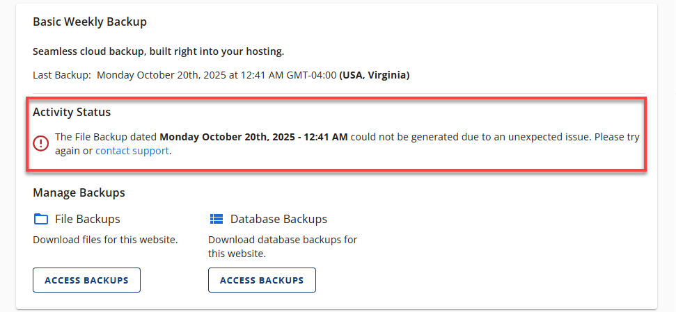BH Websites Weekly Backups - Access Backups Activity Status Failed