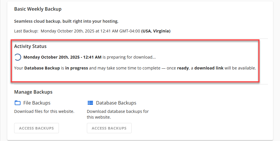BH Websites Weekly Backups - Access Backups Activity Status In Progress