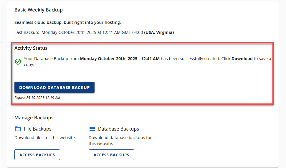 BH Websites Weekly Backups - Access Backups Activity Status Completed