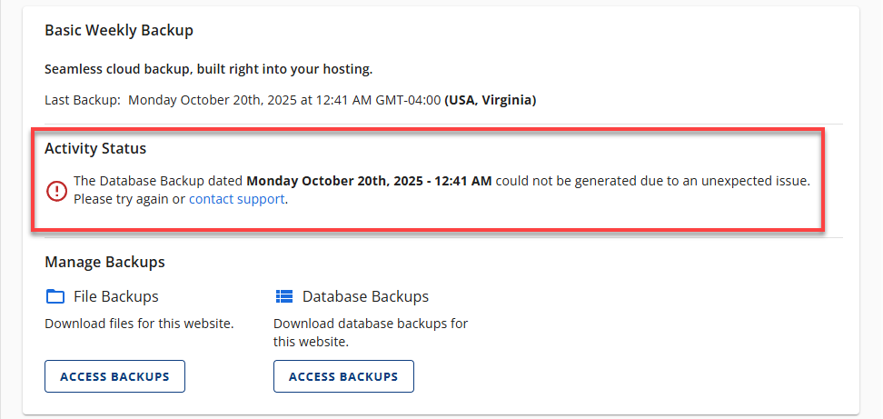 BH Websites Weekly Backups - Access Backups Activity Status Failed