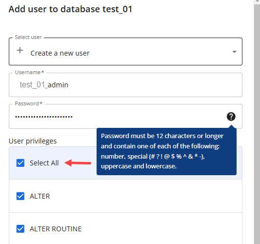 管理 MySQL 数据库 - 输入新用户名和密码,并授予所有权限